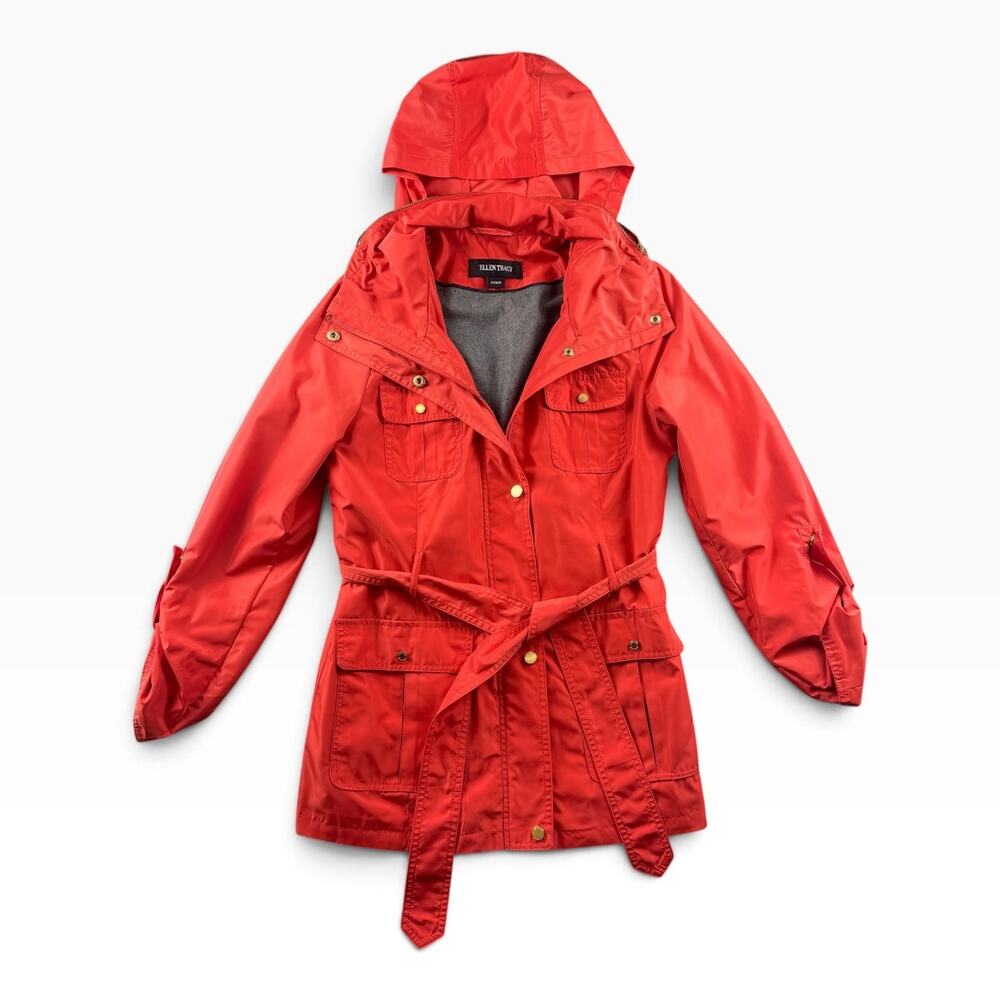 Ellen Tracy Womens S Rain Jacket Belted Hooded Utility Coat Orange Gold Hardware